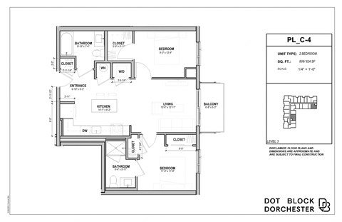 Floor plan for 2 beds, 2 baths, 809 sqft